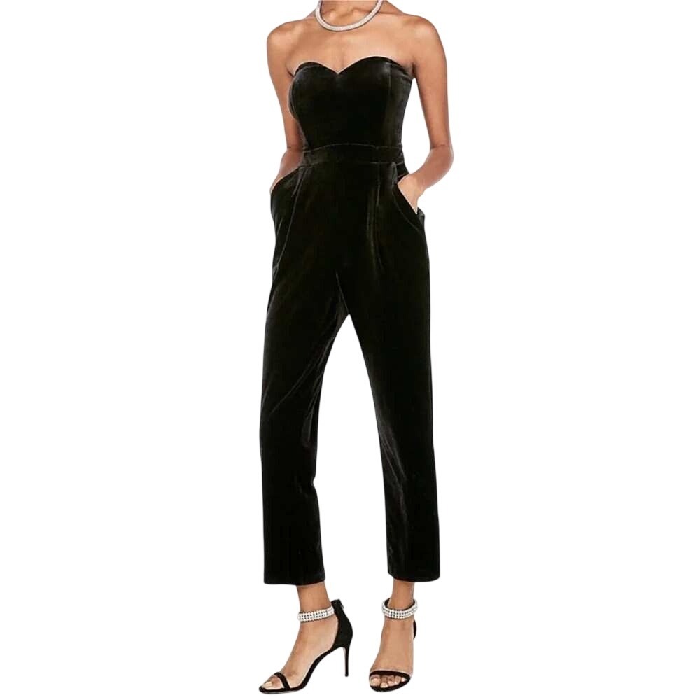 Express Womens Black Velvet Strapless Jumpsuit Size 4 Sweetheart Neckline Pocket